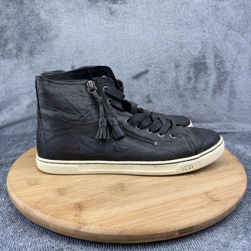 UGG Shoes Womens Size 9.5 Black Leather High Top Zip Tassel Sneakers 1009885